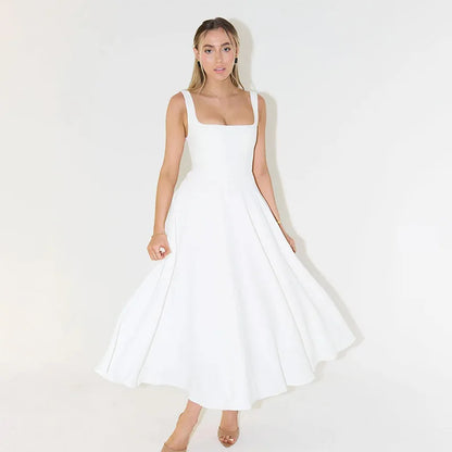 Square Neck Sleeveless A Line Fit and Flare Midi Dress