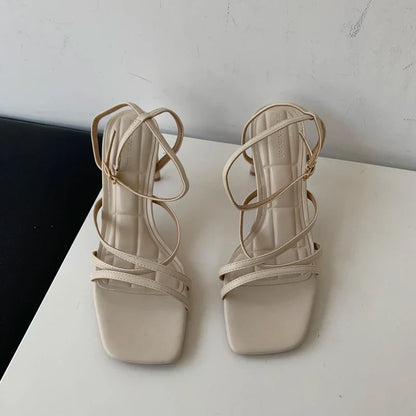 ZA Summer Sexy Sandals Square Toe Suede Concise Narrow Band Women Dress Shoes Belt Buckle Solid Color High Heel Calzado