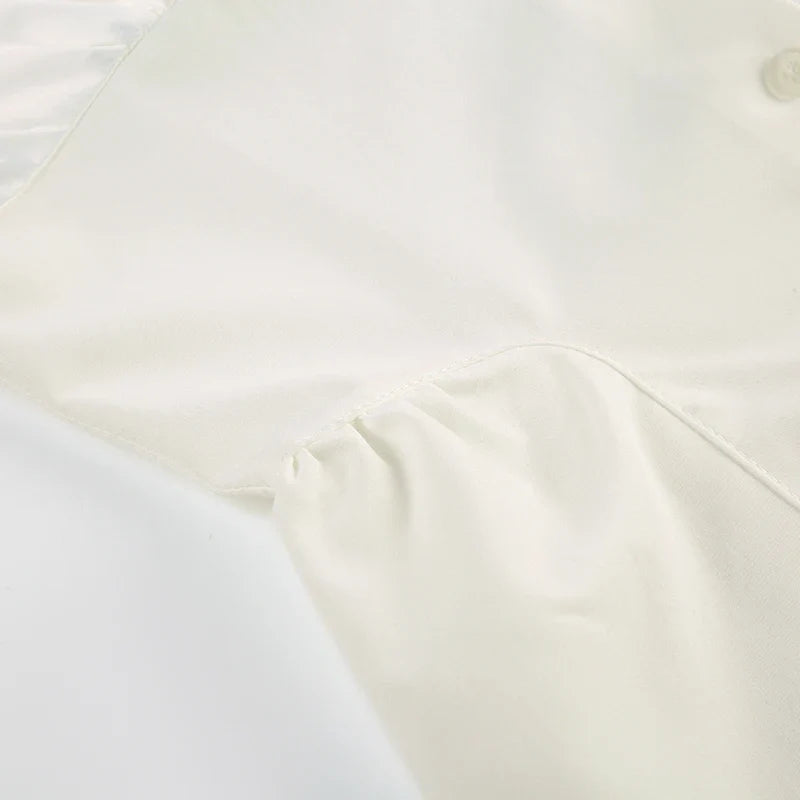 French Retro Satin A-line Shirt Chic Fashion Slimming Short Sleeve V-neck Blouses Office Ladies Elegant Top All-match