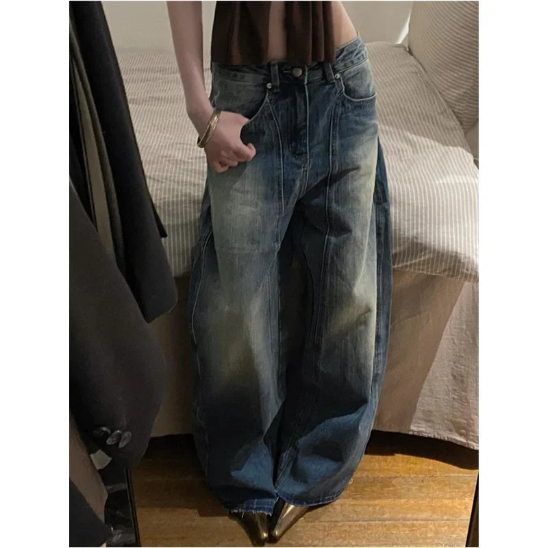 Blue Jeans Women 90s Vintage Personality High Waisted Straight Trouser Streetwear Casual Loose Girl Wide Leg Classic Denim Pants
