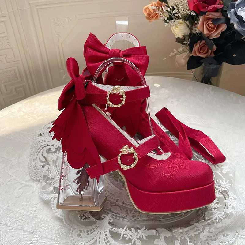 Original Lo Cos High Heels Spring and Autumn New 2025 Japanese Girls Women's Cute Bow Elegant Platform Shoes Y2k Sweet Pumps