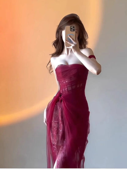 Women Vintage Red Sexy Strapless Sleeveless Lace Mesh Maxi Dress Elegant Christmas Evening Slim Long Dress Vestidos