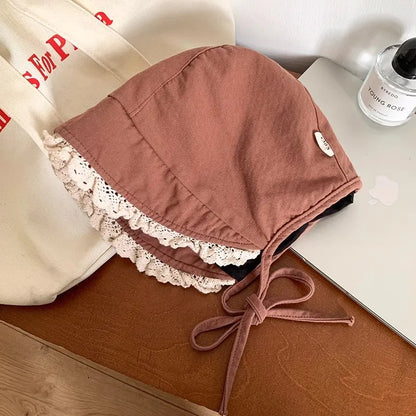Japanese Retro Y2K Lace Edge Loli Hats for Women Spring and Summer Travel Photo Versatile Sunscreen Sweet Strap Sun Hat