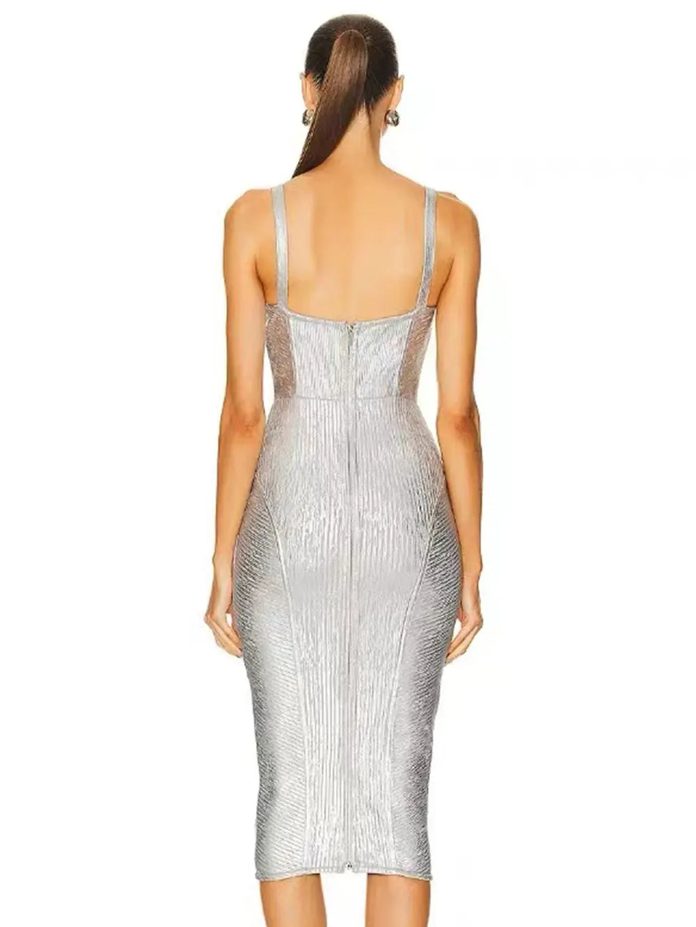 Sweetheart Corset Bodice Metallic Ribbed Bodycon Midi Dress