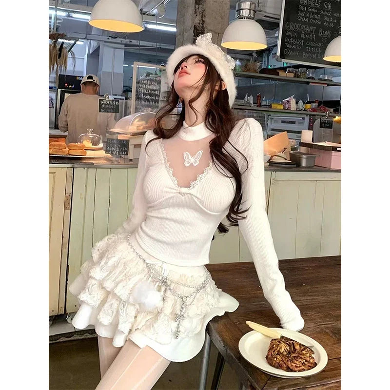 Y2K Cropped Black Sweater Women Harajuku Embroidery White Knitted Pullovers Gyaru Grunge Mesh Lace Knitwears Winter Chic Jumpers