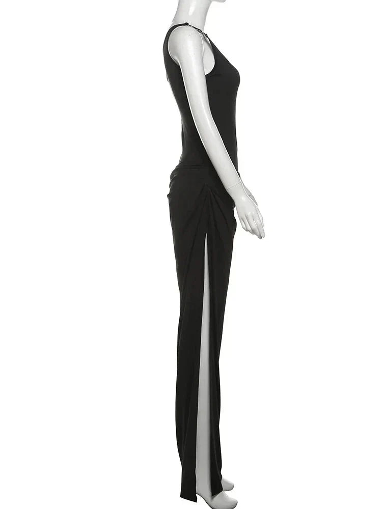 One Shoulder Waist Cutout Ring Hardware High Slit Maxi Dress