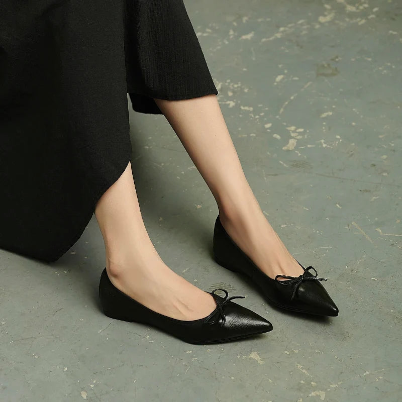 Women Flats French Style Sheepskin Ballets Woman Simple Shoe Spring Autumn Retro Pumps Flat Heel Square Toe Bowtie Footwear