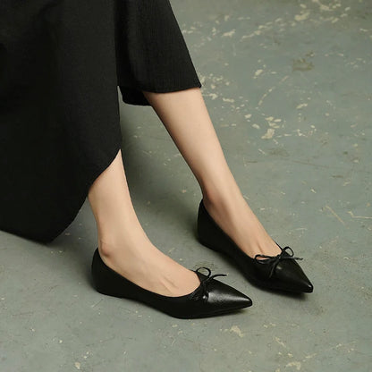 Women Flats French Style Sheepskin Ballets Woman Simple Shoe Spring Autumn Retro Pumps Flat Heel Square Toe Bowtie Footwear
