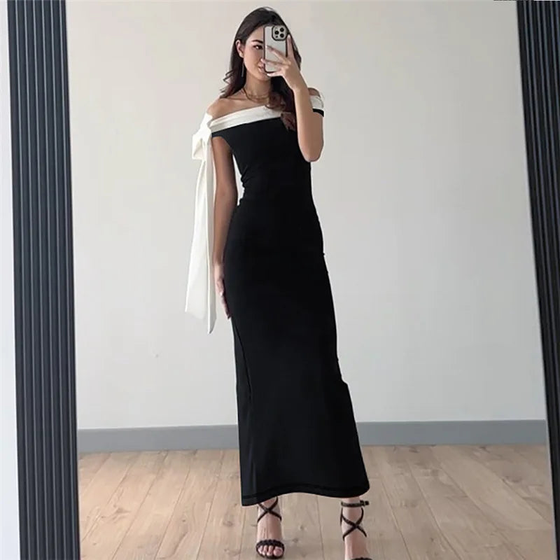 Off Shoulder Contrast Bow Shoulder Ribbon Bodycon Maxi Dress