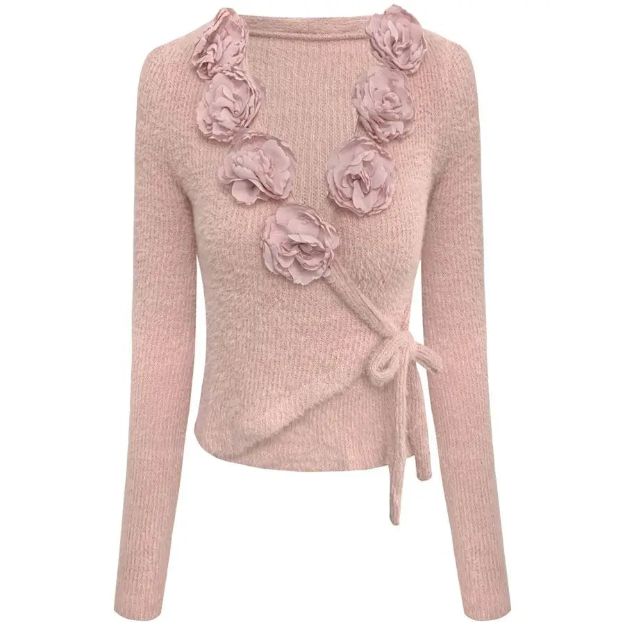 Pullover 3D Flowers French Vintage Slim Women Korean Long Sleeve Elegant Tops Female Retro Knitted Chic Fairy Clothing