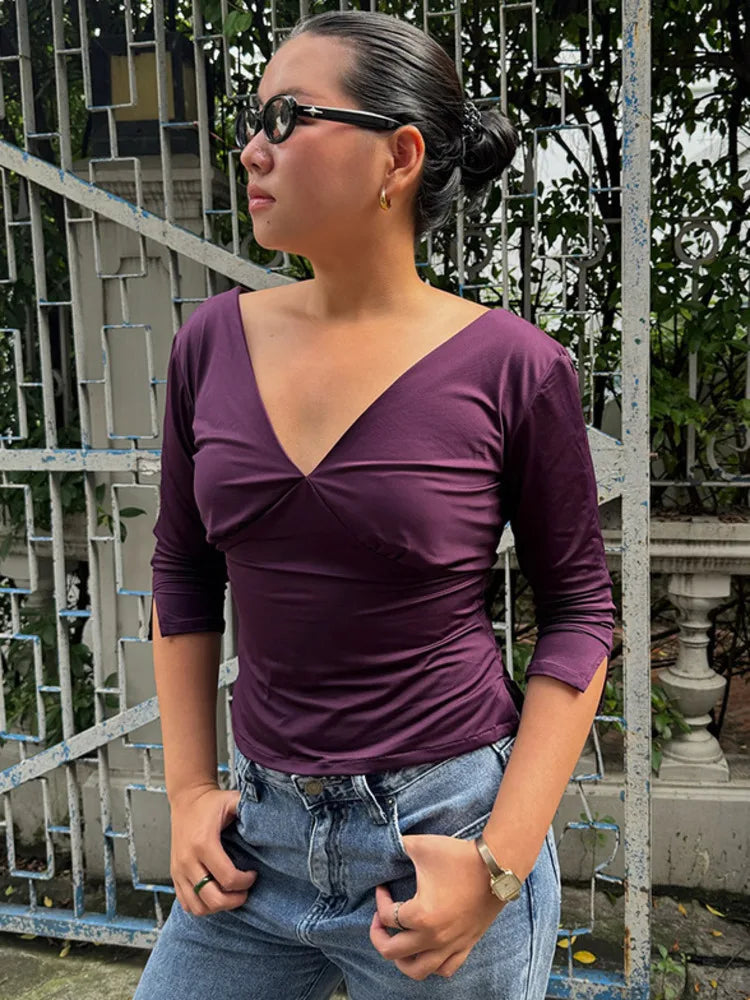 Sexy V-Neck Mid Sleeve Women Top Fashion Solid Color Patchwork Backless Slim T-shirts Y2K Summer Streetwear Casual Tees