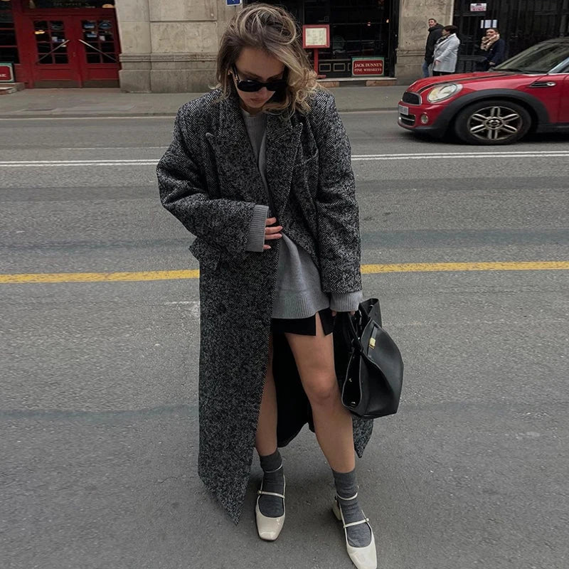 Women Herringbone Wool Tweed Overcoat Fashion Long-Sleeved Turn-down Collar Coat Double Breasted High Street Outerwears