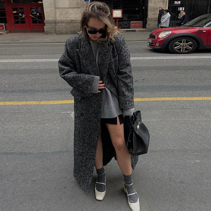 Women Herringbone Wool Tweed Overcoat Fashion Long-Sleeved Turn-down Collar Coat Double Breasted High Street Outerwears