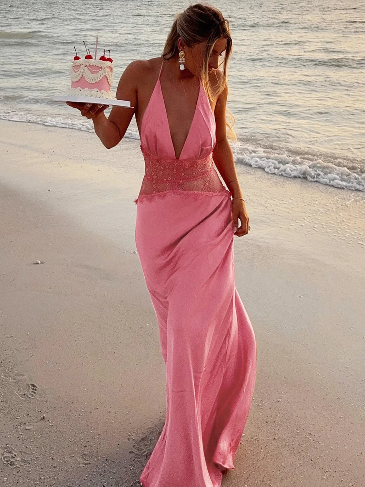Lace Patchwork Vacation Beach Dresses for Women Summer Sexy Halter Neck Backless Long Maxi Pink Birthday Party Prom Dress