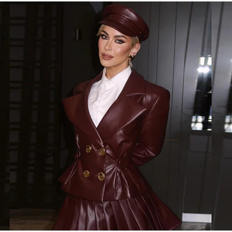Double Breasted Faux Leather Blazer Pleated Mini Skirt Set