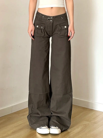 Vintage 2000s Pocket Denim Pants with Belt Casual Low Rise Baggy Cargo Denim Pants y2k Streetwear Women's Jeans Harajuku