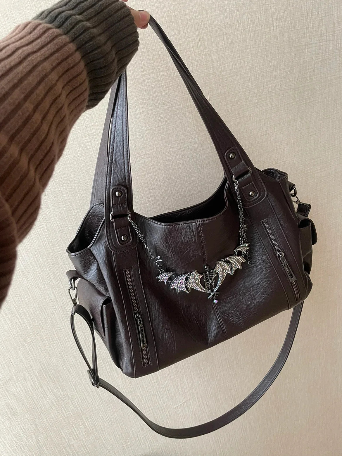 Black Gothic Handbag Y2K Punk Bags Leather Versatile Daily Crossbody Bag Message Tote Bags