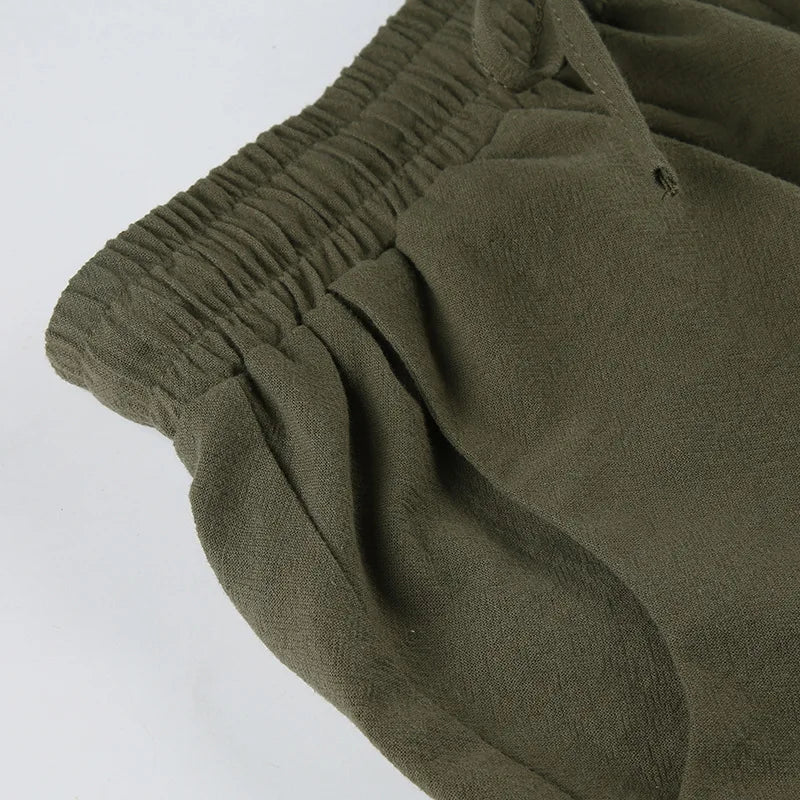 Summer Cotton Linen Short 2 Piece Sets for Women Sexy Spaghetti Strap Tops and Drawstring Short Sets Female Casual Matching Sets