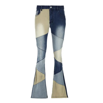 Flare Jeans Contrast Patchwork Low Waist Women'S High Street Vintage Y2K Skinny Blue Denim Trouser Harajuku Outfits