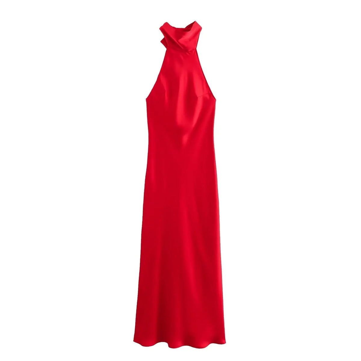 Halter Neck Ruched Bust Satin Column Maxi Dress
