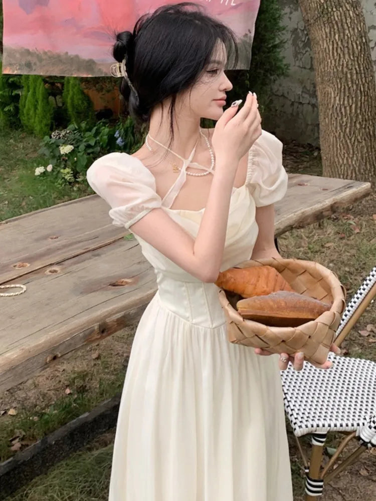 Summer Women Halter Midi Dress Elegant Female Chiffon Square Neck Party One Pieces Dresses French Solid New Vestidos Robe
