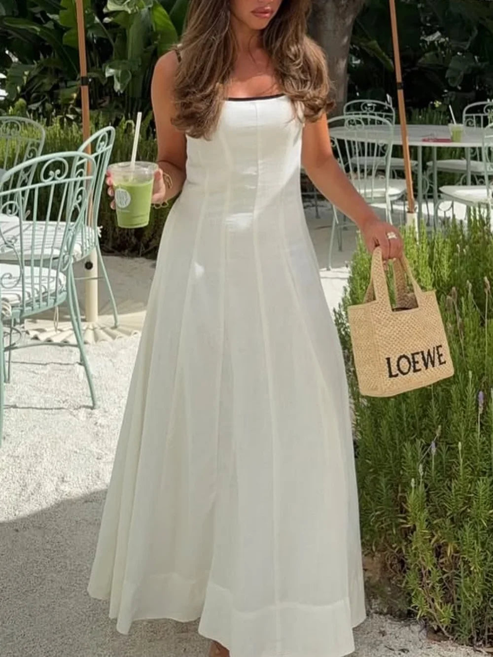 Women's Summer Commuter Simple Casual Midi Dress Sleeveless Square Neck Open Back Side Zipper Bright Line Women's Elegant Dress