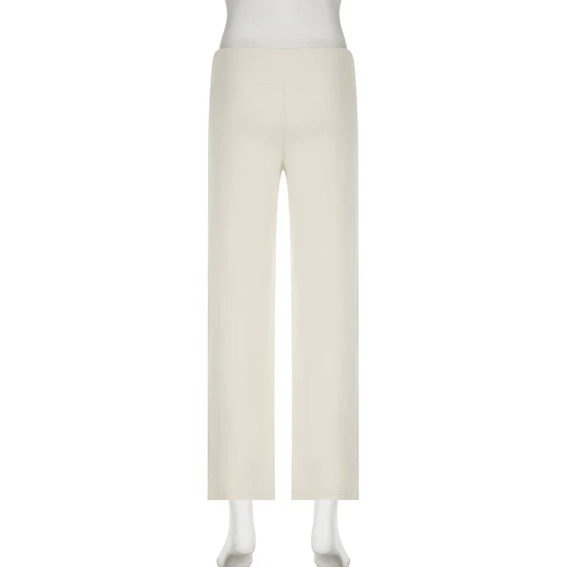 Drawstring Solid Women Slacks Turndown Waist Straight Casual Pants Concise Knitted Sweatpants All-matched Trousers Home