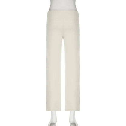 Drawstring Solid Women Slacks Turndown Waist Straight Casual Pants Concise Knitted Sweatpants All-matched Trousers Home