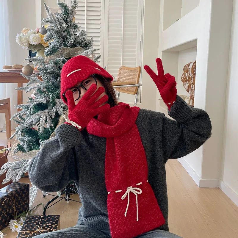 Knitted Scarf Gloves Caps Three Piece Set For Women&Men Winter Thicken Warm Bucket Hat Christmas Coldproof Hat Muffler Glove Set