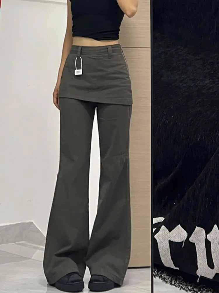 Harajuku Patchwork Women Flared Pants Vintage High Waist American Style Fake Two Piece Trousers Y2k Baggy Solid Gyaru