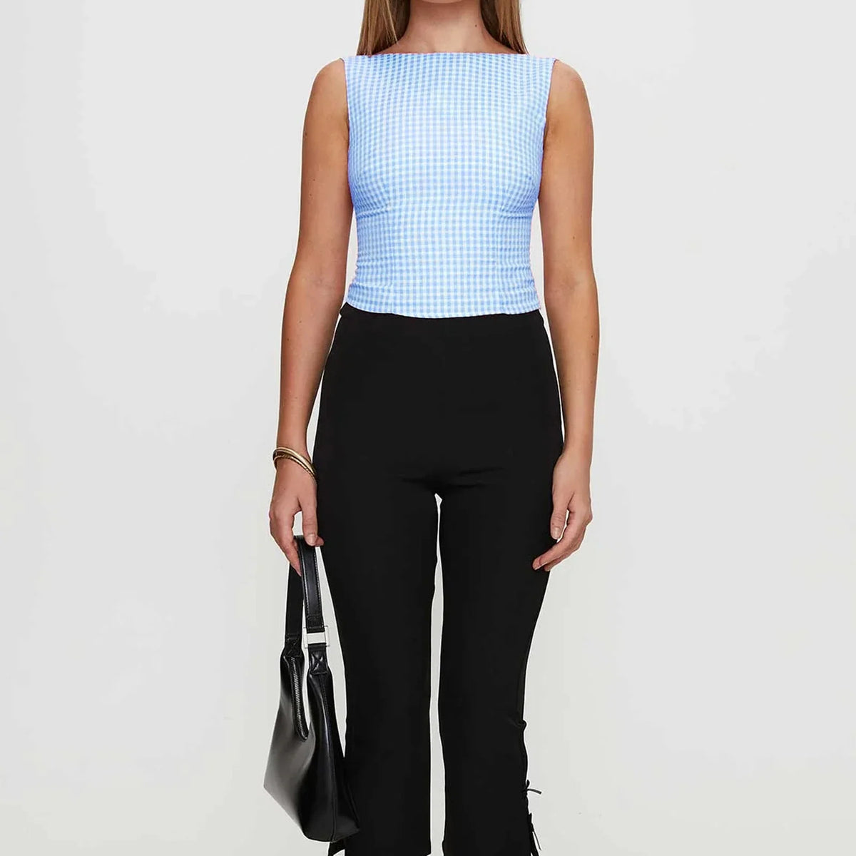 Y2K Cute Open Back Bow Decor Slim Fit Plaid Cami Top