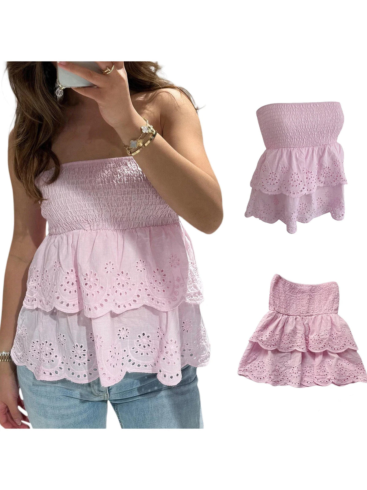 Women s Stylish Off-Shoulder Crop Tops with Ruffle Trim and Smocked Waistband for Casual Summer Outfits