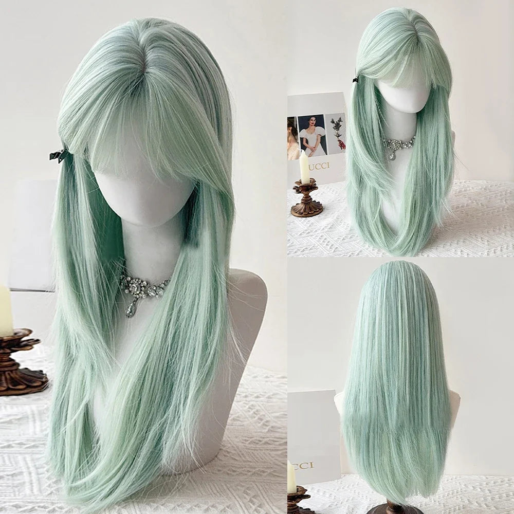 Mint Green Long Straight Synthetic Wig with Bangs Lolita Cosplay Women Heat Resistant Wig for Daily Party