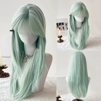 Mint Green Long Straight Synthetic Wig with Bangs Lolita Cosplay Women Heat Resistant Wig for Daily Party