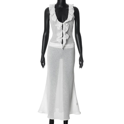 Sets For Women 2 Pieces Ruffes Tank Top Low Rise A-Line Long Skirt See Through French Outfit Summer Clothes For Female