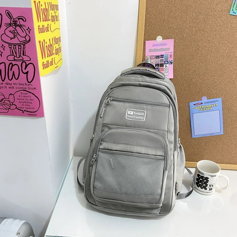 Multi-pocket Big Woman Backpack Solid Color Boys Girls Campus Style Schoolbag For TeenageNylon Waterproof Travel Bag