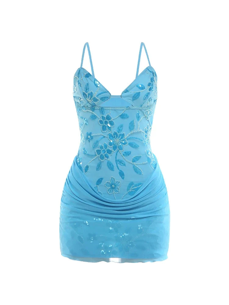 Puss Mesh Patchwork Sling Dress Woman Sexy Shiny Sequin Low-Neck Backless Skinny Peach Hip Midnight Club Party Bodycon