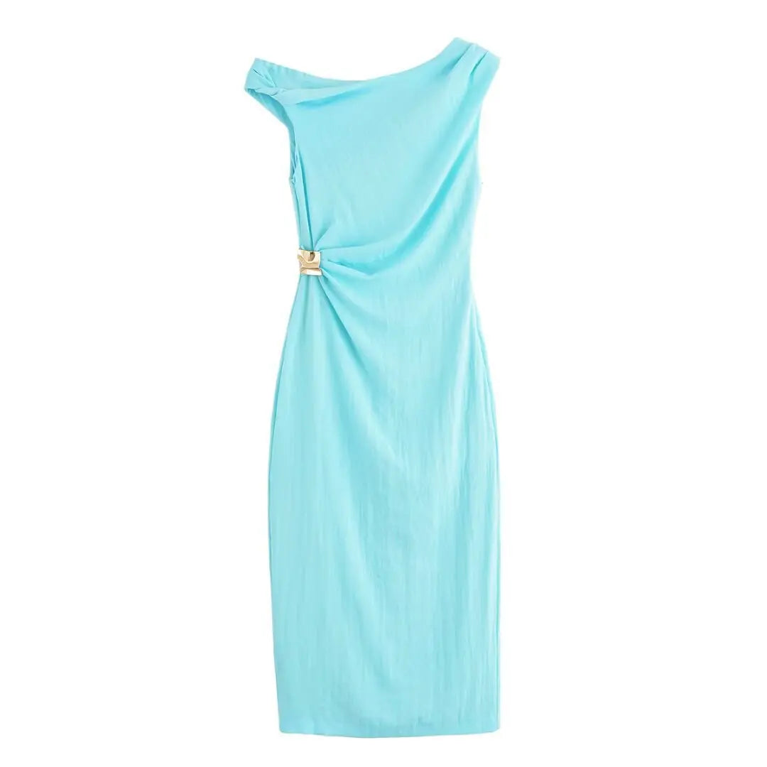 Women's summer sexy fashion long dress solid color sleeveless asymmetric dress female holiday style slit slim fit chic dress