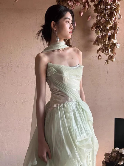 Mint Party Evening Dress Women Strapless Mermaid Pleat Formal Occasion Dress Elegant Shiny Backless Prom Gown Customized
