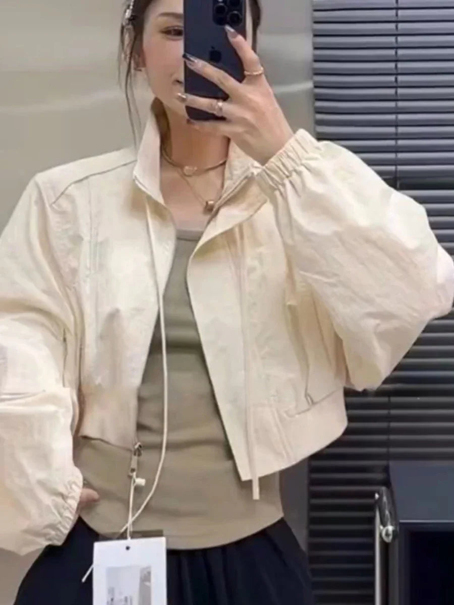 Vintage Solid Drawstring Jackets For Women Basics Streetwear Turn-down Collar Cardigan Coat Simple Y2K Harajuku Crop Top Female