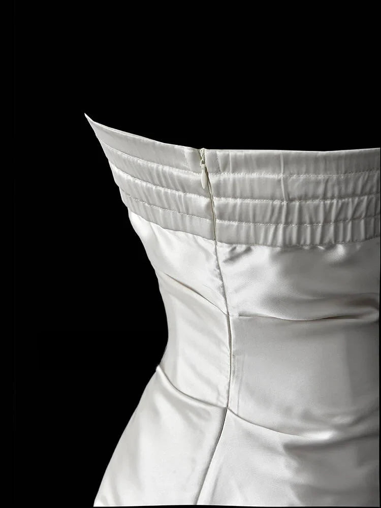 Satin White Evening Dress Wrap Hips Backless Strapless Sleeveless Fishtail Pleats Sweetheart Neck Birthday Party Prom Gown