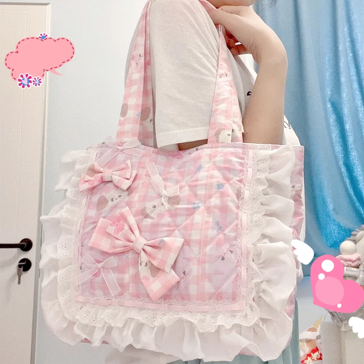 Pink Lace Trim Canvas Handbag Multi-functional and Portable Bag for Girls with a Touch of Cuteness