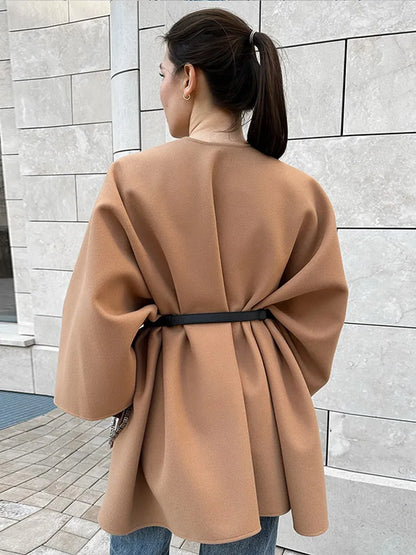 Elegant Women's Woolen Cloak Coats V-neck Lace-up Long Overcoats Loose Belt Autumn Jacket 2025 Buttonless Streetwear Outerwears
