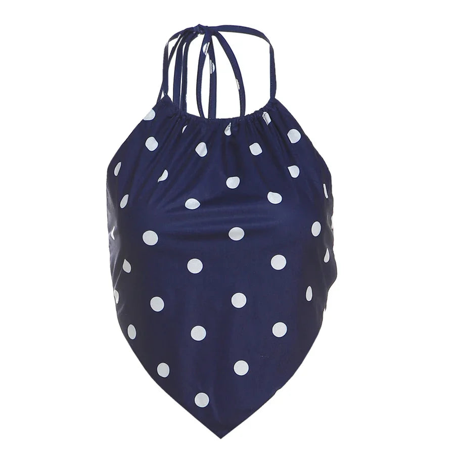Sexy Polka Dot Print 2-Piece Set Women Halter Bandage Halter Backless Sleeveless Mini Tops+Straight Skirt Matching Suit