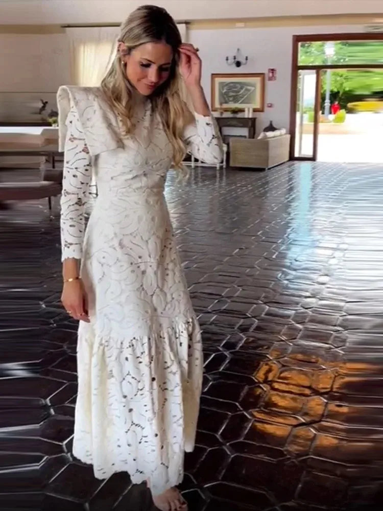 Lace Crochet Long Dress Hollow Out Small Cape Stand Collar Slim Fit Waist Cinched Cloak Beach Dresses Solid Color Elegant Robes