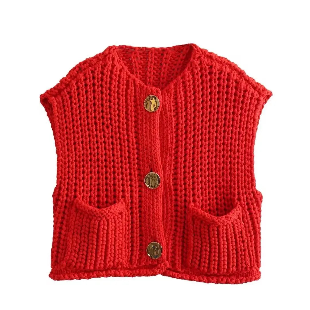 Fashion Sleeveless Knitted Cardigan Vests For Women Autumn New Short Sweater Button With Pockets Solid Color Knitted Top
