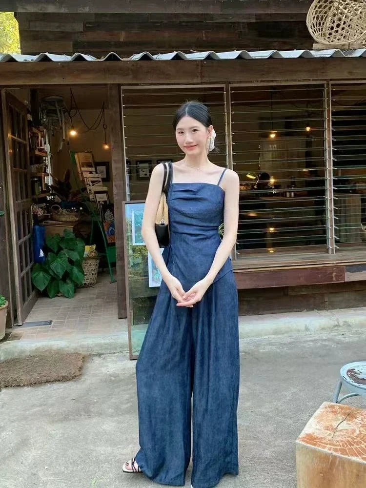 Casual Sexy Suit Women's Spring Summer Pleated Strap Vest High Waist Wide Leg Jeans Two-piece Set Fashion Female Clothes