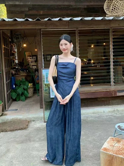 Casual Sexy Suit Women's Spring Summer Pleated Strap Vest High Waist Wide Leg Jeans Two-piece Set Fashion Female Clothes