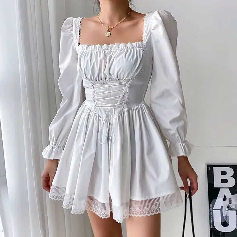 Dress Lace Splicing Puff Sleeves Strap Waist Yabi Long-Sleeved 2024 Spring And Summer New French Ins Princess Skirt