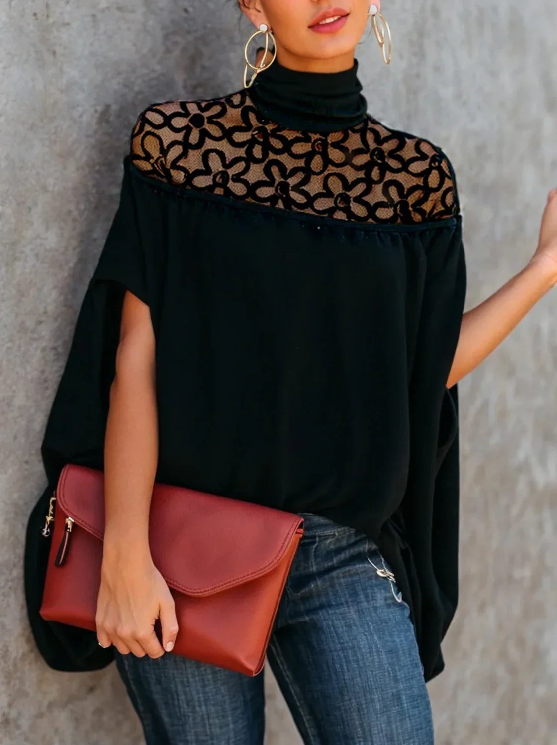 Female Elegant Embroidered See-Through High Neck Tops New Spring Summer Solid Color Loose Casual Fashion T-Shirts